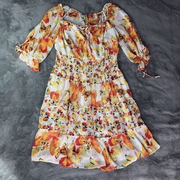 Fig & Flower Anthropologie Floral Chiffon Dress Size 2X 3/4 Sleeve Midi Flirty - Picture 2 of 11